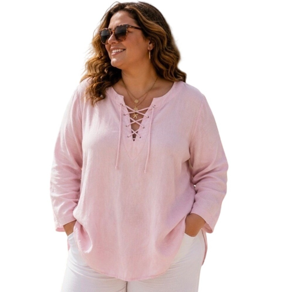 Louise Paris Pink Linen Blend Tunic Top Coastal Resort 2X NWT Lace up